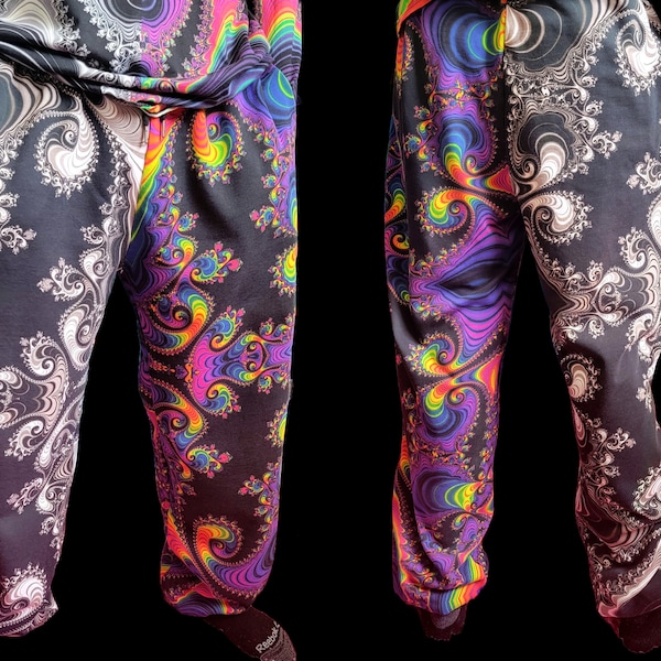 Psychedelic Fractal Men's Sweatpants- Half black half rainbow- Trippy Art Rave and Festival Men's Clothing- MADE TO ORDER