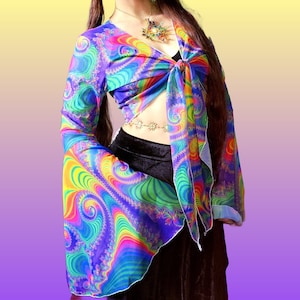 Psychedelic Rainbow Mesh Crop Top, 70s Bell Sleeves, Rave Festival Wear