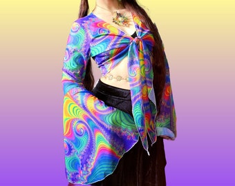 Psychedelic Rainbow Bell Sleeve Crop Top ~ Mesh, festival and rave wear, trippy colorful, flow sleeves, fractal clothing, 70s hippie