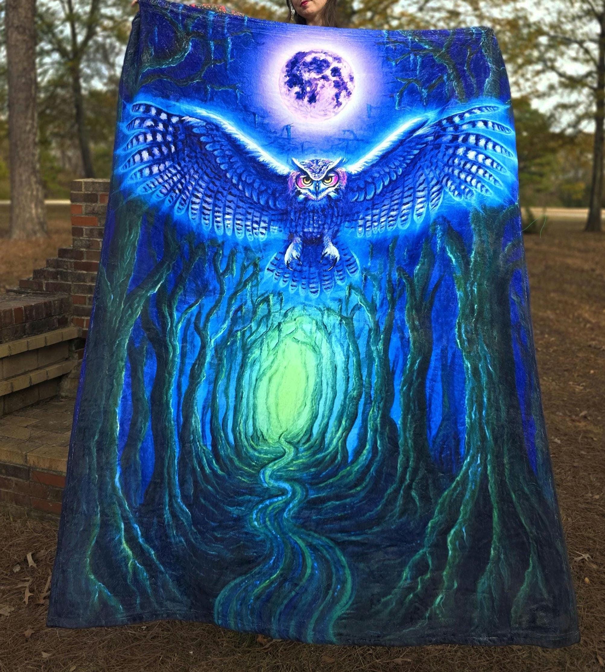 Owl Moon Blanket- Soft throw blanket, mystic forest psychedelic home decor, witchy bedroom, fuzzy be