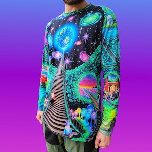 Mushroom Forest Cotton T-Shirt -Trippy Gnome Visionary Painting - Psychedelic Art Rave and Festival Clothing