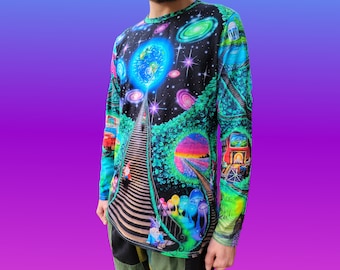 Mushroom Forest Cotton T-Shirt -Trippy Gnome Visionary Painting - Psychedelic Art Rave and Festival Clothing