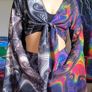Trippy Rainbow/Black and white Bell Sleeve Crop Top ~ Mesh top, festival rave wear, boho colorful flow top, fractal clothing, psychedelic