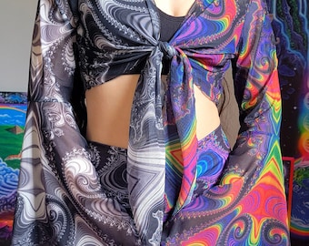 Trippy Rainbow/Black and white Bell Sleeve Crop Top ~ Mesh top, festival rave wear, boho colorful flow top, fractal clothing, psychedelic