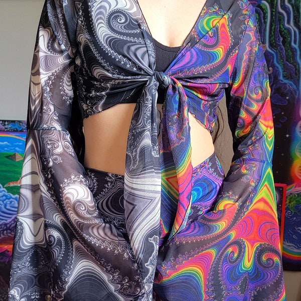 Trippy Rainbow/Black and white Bell Sleeve Crop Top ~ Mesh top, festival rave wear, boho colorful flow top, flow sleeves, fractal clothing