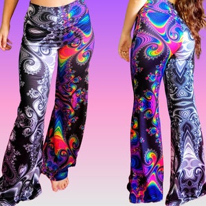 Psychedelic Fractal Flare Pants- Duality half rainbow- Trippy Art Rave and Festival Clothing- MADE TO ORDER