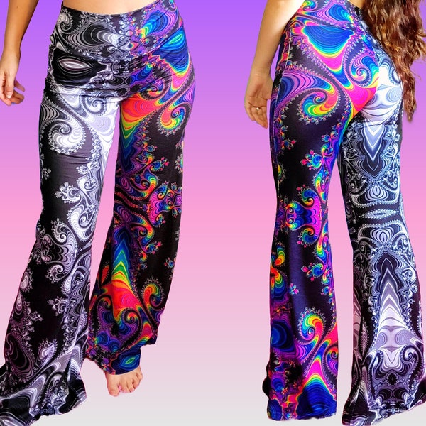 Pantalon Flare Fractal Psychédélique- Dualité demi-arc-en-ciel- Trippy Art Rave et Festival Clothing- FAIT SUR COMMANDE