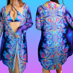 Trippy Kimono- Trippy Fractal Psychedelic cover up, blue purple, festival womens rave robe, mesh lightweight, sacred geometry, MADE TO ORDER