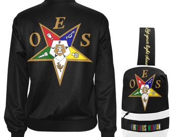 May include: Black bomber jacket and backpack set. The jacket features a gold emblem with the letters OES and a star design. The backpack has a matching emblem, the text "Let your light shine", and the words "VIRTUOUS WOMAN".