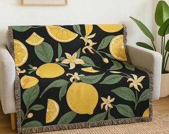 Lemons Woven Blanket: Boho Rustic Cotton Throw