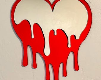 Abstract Acrylic Mirror Dripping Heart Wall Art, Red and Silver