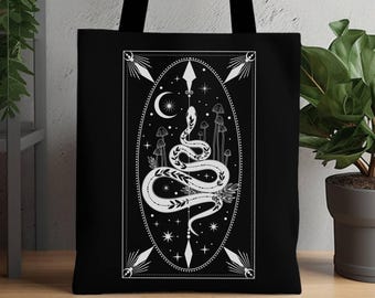 Serpent Moon Tote Bag, Mystical Celestial Design