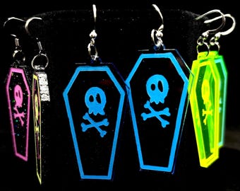 Neon Acrylic Coffin Earrings, Skull & Crossbones, Goth Halloween Jewelry