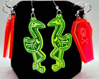 Summerween Skeleton Flamingo Earrings, Laser Cut Neon Acrylic Jewelry