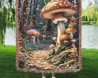 Whimsical Mushroom Forest Woven Blanket: Cottagecore Home Decor