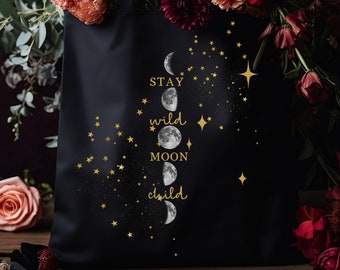 Witchy Moon Phases Tote Bag, Supernatural Mystical Accessories, Reusable Tote Bags