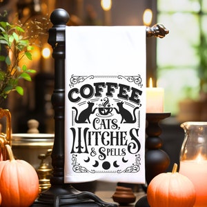 Coffee, Cats, Witches Kitchen Tea Towel, Halloween Cottagecore Decor