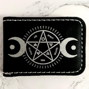 Clip para billetes de triple luna pagana de Witchy, clip para billetes de piel sintética, Witchcore Halloween, accesorios góticos, clip para billetes grabado con láser