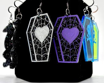 Laser Cut Acrylic Coffin Earrings – Gothic Heart & Spiderweb Jewelry