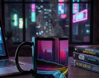 80s Futuristic Post-Apocalyptic Mug | Neon Retro Black Ceramic