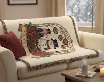 Vintage Christmas Woven Blanket, Retro Holiday Decor, 100% Cotton