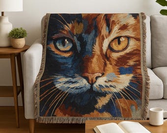 Colorful Cat Woven Blanket: 100% Cotton Fringed Throw