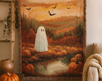 Cottagecore Ghost Woven Blanket: Fall Cozy Tapestry