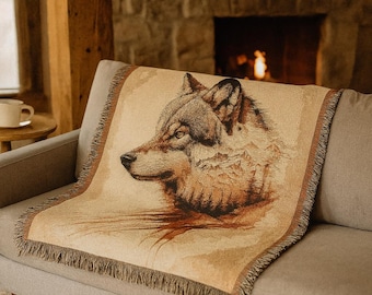 Wolf Woven Throw Blanket, Cabin Decor, Nature Lover Gift