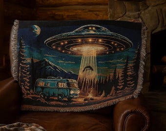 UFO Abduction Woven Blanket: Rustic Cotton Throw