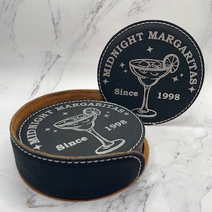 Midnight Margaritas Faux Leather Coaster Set – Practical Magic Decor, Witchy Halloween Drink Coasters, Laser Engraved Gift