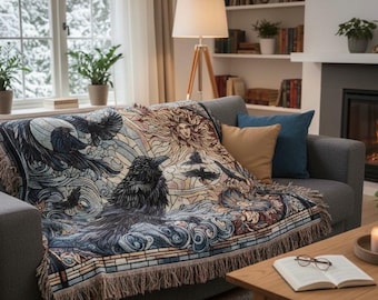 Stained Glass Raven Woven Blanket: Gothic Home Decor