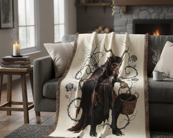 Krampus Woven Blanket – Gothic Christmas Decor, Fringed Edges