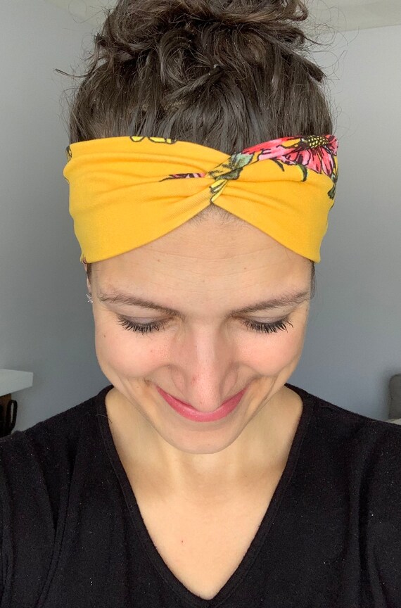 YELLOW Floral Embroidered Headband - Green and Pink NWT Pink, Yellow and Green Floral on Mustard Yellow Knotted  main image 2