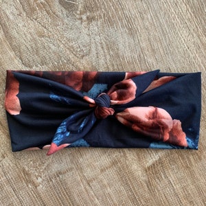 Rose Floral on Navy Blue 4 inch Tied Women’s Headband / Floral Headband / Tied Knotted Headband / Navy Blue Adjustable Headband for Women