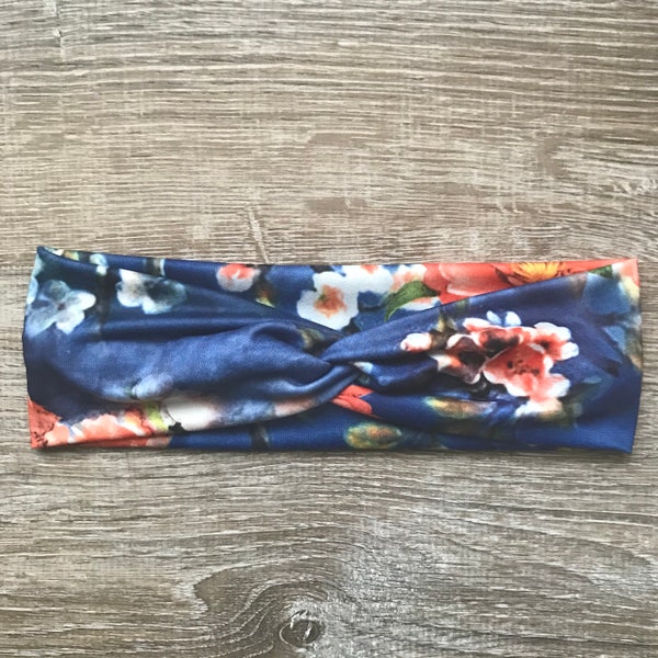 Blue Tie Dye with Pink, Coral and Yellow Floral Knotted Women’s Headband / Floral Headband / Headbands for Women / Blue Tie Dye Headband