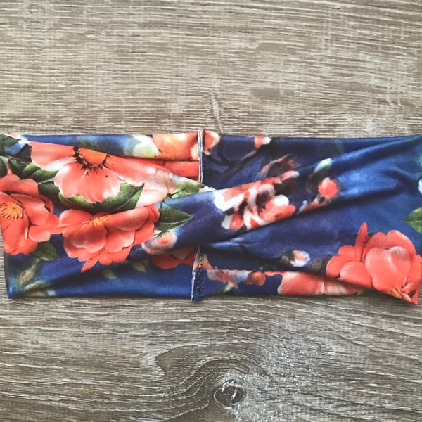 Blue Tie Dye with Pink, Coral and Yellow Floral Twisted Women’s Headband / Floral Headband / Headbands for Women / Blue Tie Dye Headband