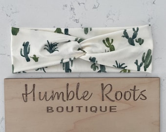 Green Cactus Print on Ivory 3 Inch Wide Knot Style Headband