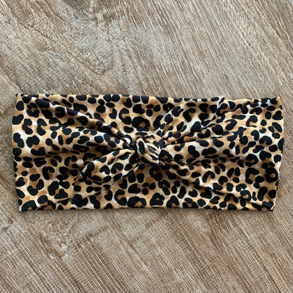 Black and Khaki Brown Cheetah Print 4 inch Tied Women’s Headband / Leopard Print Headband / Adjustable Tied Headband / Headband for Women