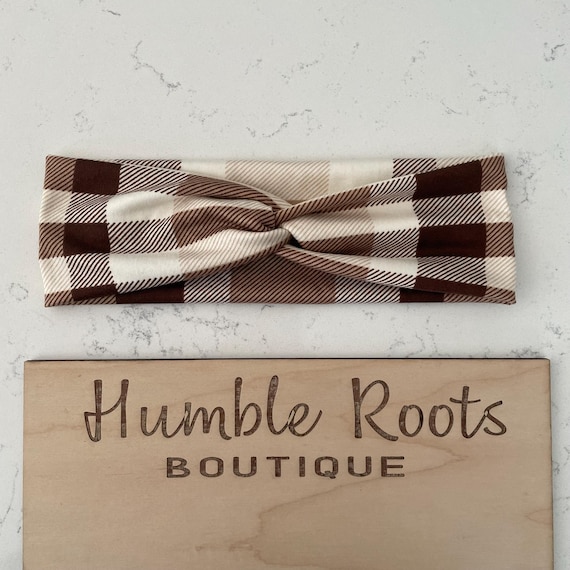 Brown Tan Cream Plaid Knot Headband, Soft Stretchy Hairband  display picture 1