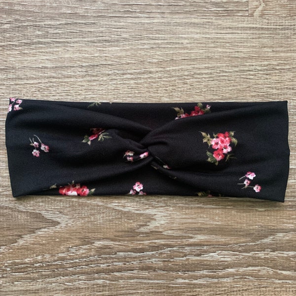 Pink Floral on Black Knotted Women’s Headband, Floral Headband, Black Headband, Pink Headband, Headband for Women