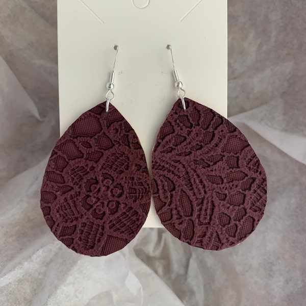 Burgundy Wine Lace Textured Teardrop Faux Leather Earrings / Elegant Lace Earrings / Nickel Free Women’s Earrings for Sensitive Skin