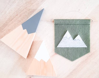 Mountains Mini Felt Banner, Snowy Peaks Scandi Nursery Wall Hanging Pennant, Choose Your Colours