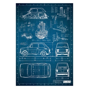 Puede incluir: Una ilustración de estilo plano de un coche Fiat 126p. La imagen muestra el coche desde diferentes ángulos, incluyendo una vista lateral, una vista frontal, una vista trasera y una vista superior. La imagen también incluye un diagrama detallado del motor del coche.