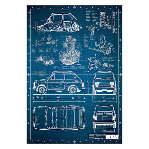 Polski Fiat 126p Blueprint Poster Portrait| High Quality Digital File | Car Enthusiast Lover Gift