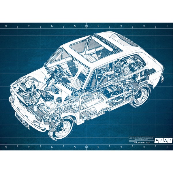 Polski Fiat 126p Blueprint Poster Landscape | High Quality Digital File | Car Enthusiast Lover Gift