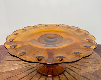 Vintage Indiana Glass Co Amber Teardrop Pedestal Cake Stand, Amber Glass Pedestal Cake Stand with Scalloped Edge