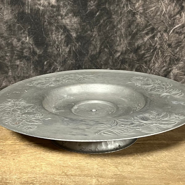 Vintage Hammered Aluminum Lazy Susan, Hand Wrought Aluminum Tray, Large Round Floral Pattern Lazy Susan