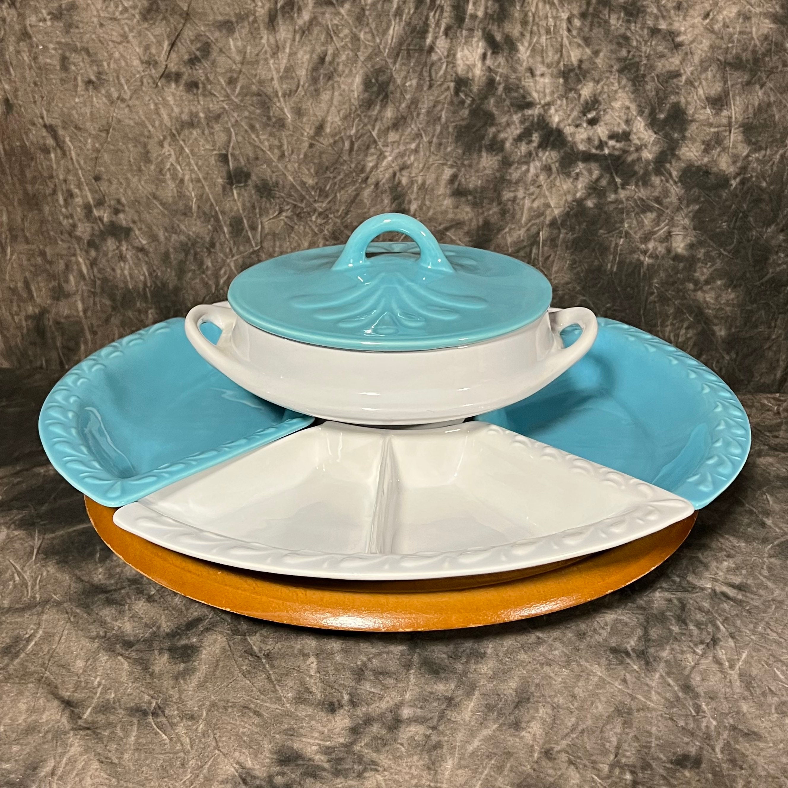 Mid Century, Lazy Susan Set, USA Pottery, Brown Yellow Mustard, Glazed Pottery,  Turntable Included, Vintage, Chip and Dip Set, Party Serving 