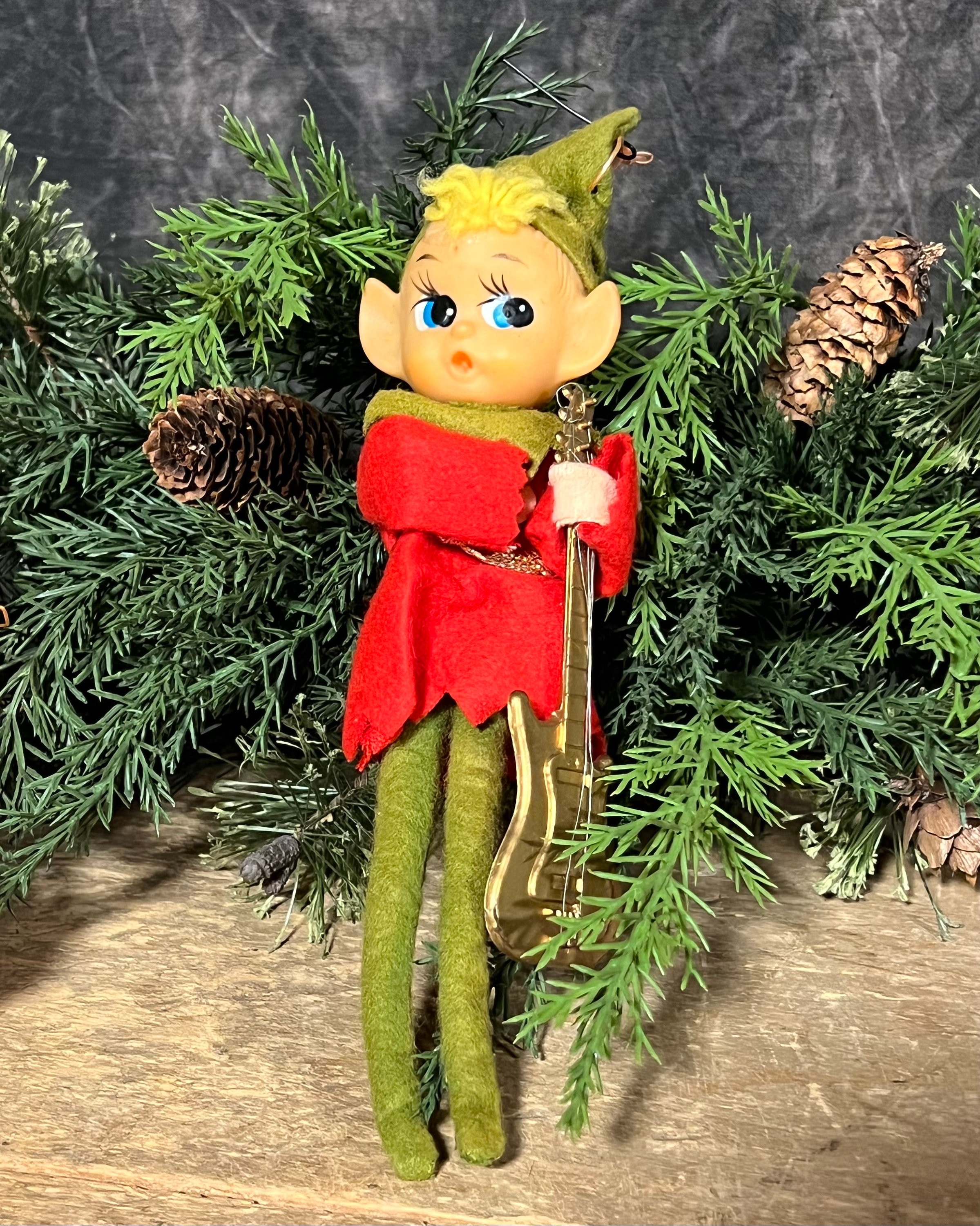 Vintage Christmas Elves, Set of 3 Green Pixie Elf Ornaments