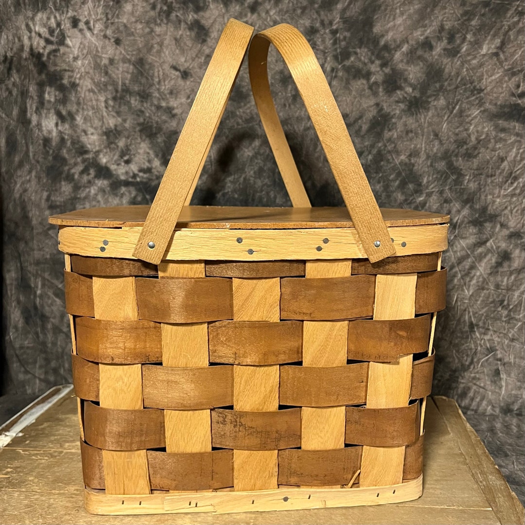 Vintage Picnic Basket Wood Slat Basket Basket With Hinged Etsy